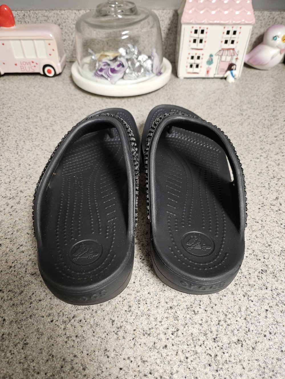 CROCS Black Wedge Flip Flop Sandals with Stud Embellishments - Picture 2 of 7